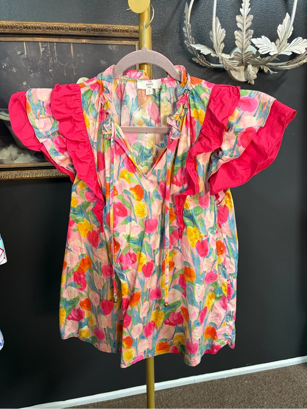 entro Pink Floral Ruffle Sleeve Tie-Front Blouse